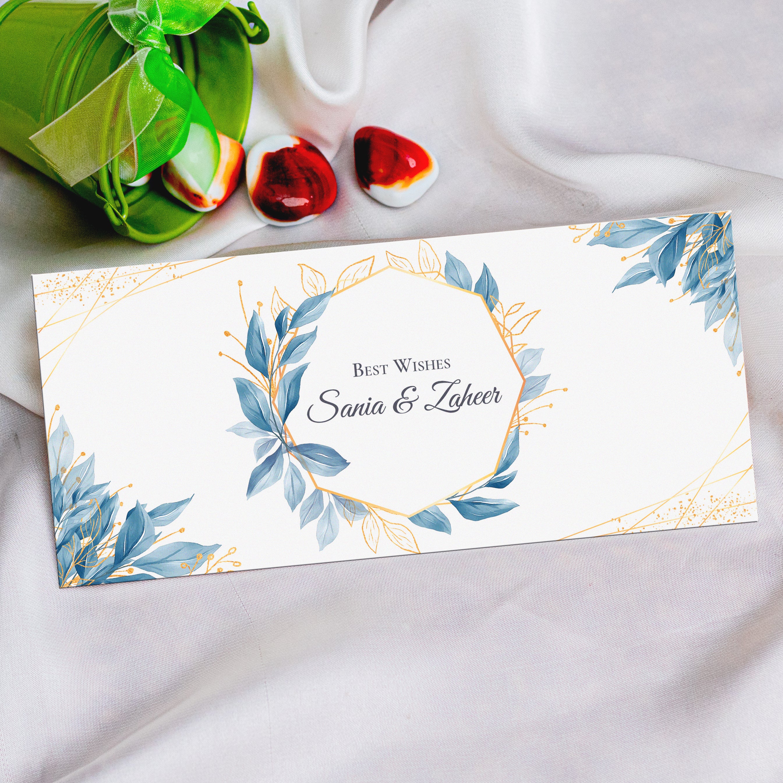 Navy Blue Envelope With Golden Watercolor Floral Frame
